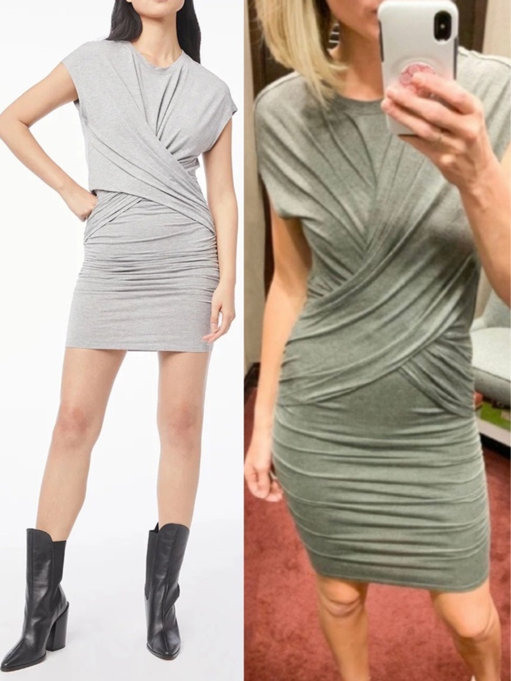 Frame Shirred Muscle Tee Shirt Dress Gris Heather Ruched Midi Stretchy Y2K Style